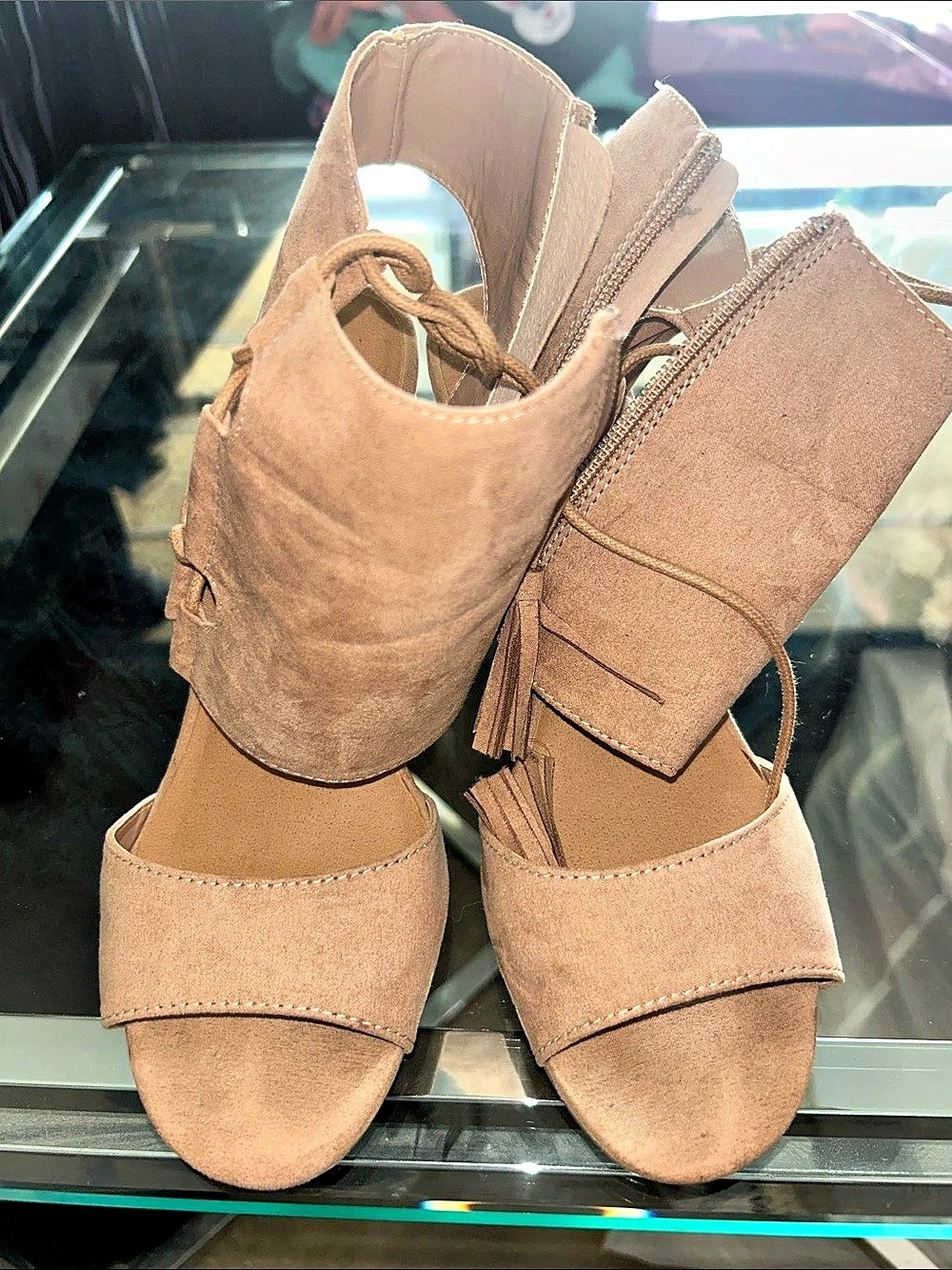 Charlotte Russe Lace-Up Cutout Heels in Beige light Brown -US 7